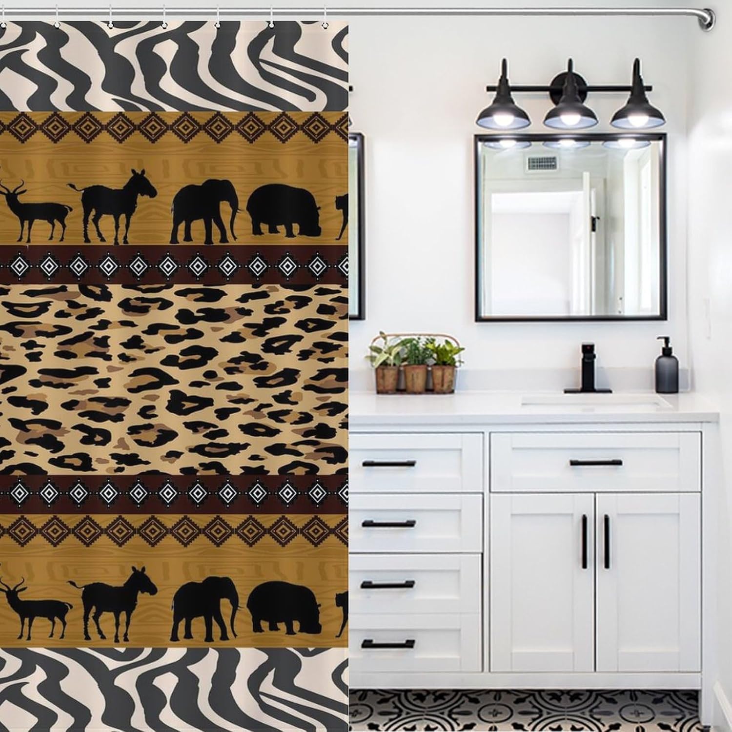Leopard Cheetah Shower Curtain,ribal Aztec Africa Safari Animal Zebra Skin Pattern Print Bathroom Curtains Cloth Fabric Home Decor with Hooks Set, 66x72Inch（168x183cm）