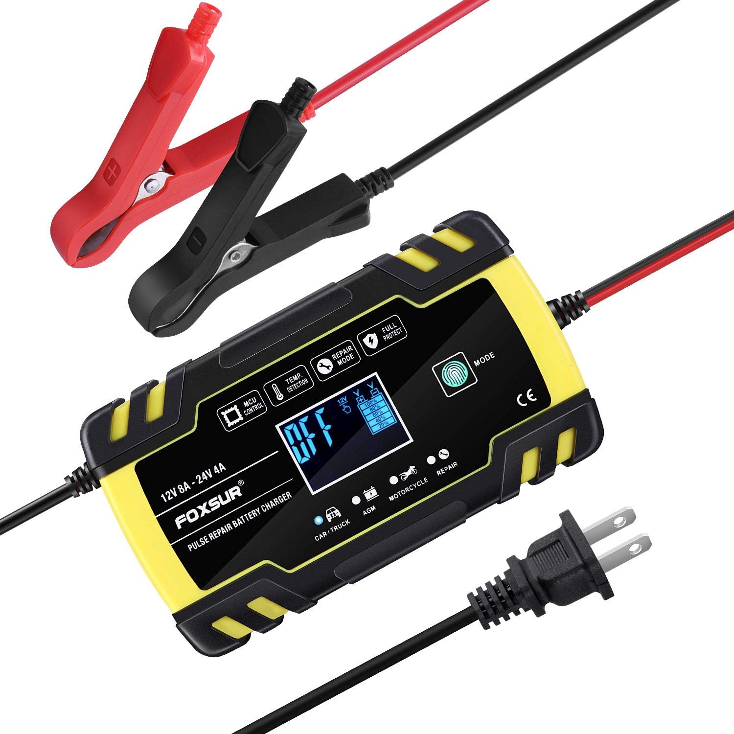 Automatic Smart Battery Charger/Maintainer 12V/8A 24V/4A Pulse Repair Charger with LCD Display for Golf Cart Motorcycle Car Marine Truck Yacht Mower, Auto-Voltage Detection, Finger Touch Charging Mode