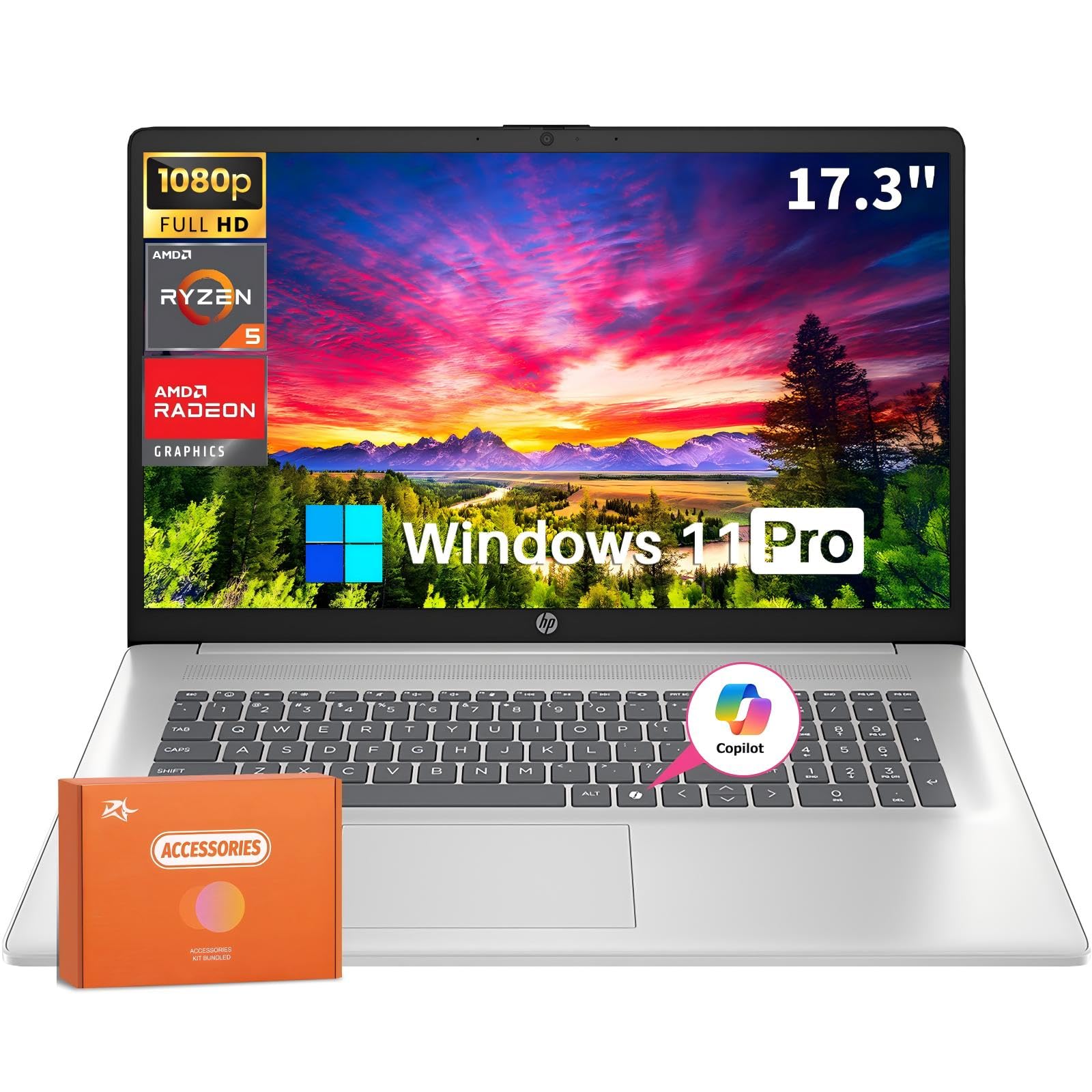 2025 17 inch Business Laptop, Copilot AI PC, AMD Ryzen 5 7520u, 8GB DDR5 RAM 5500 MHz, 512 GB SSD, AMD Radeon CPU, 17.3" FHD Anti-Glare, Wi-Fi 6, Windows 11 Pro, w/Accessories
