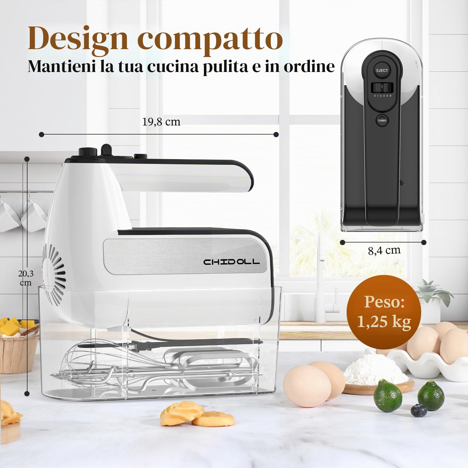 Miscelatore manuale elettrico a 5 velocità, miscelatore portatile da 800 W con turbo per cottura e cottura, miscelatore da cucina con custodia e 6 accessori in acciaio inossidabile (2 fruste, 2 ganci