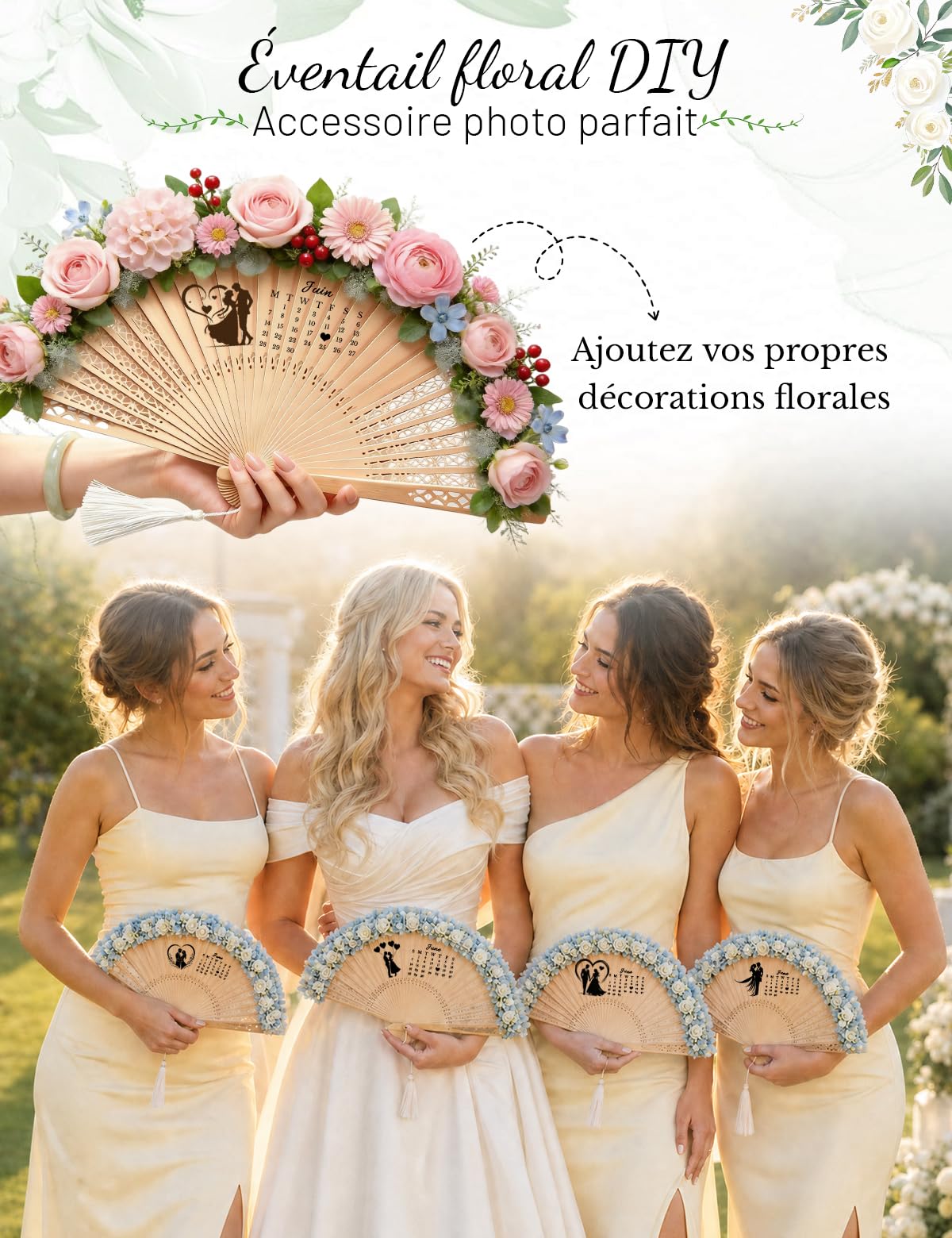 Hochzeitsfächer personalisiert, Holz Handfächer mit Gravur für Gäste | Lasergravierter Holzfächer mit Quaste und Organza Beutel, stilvolles Gastgeschenk für Hochzeit, Braut und Gäste
