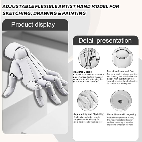 Flexible Hand Model Adjustable Artists Manikin Hand Figure Poseable Art Mannequin for Drawing Mannequin Lively Manikin Figure Hand Model for Desk Decoration Sketching Painting (Left Hand-White)
