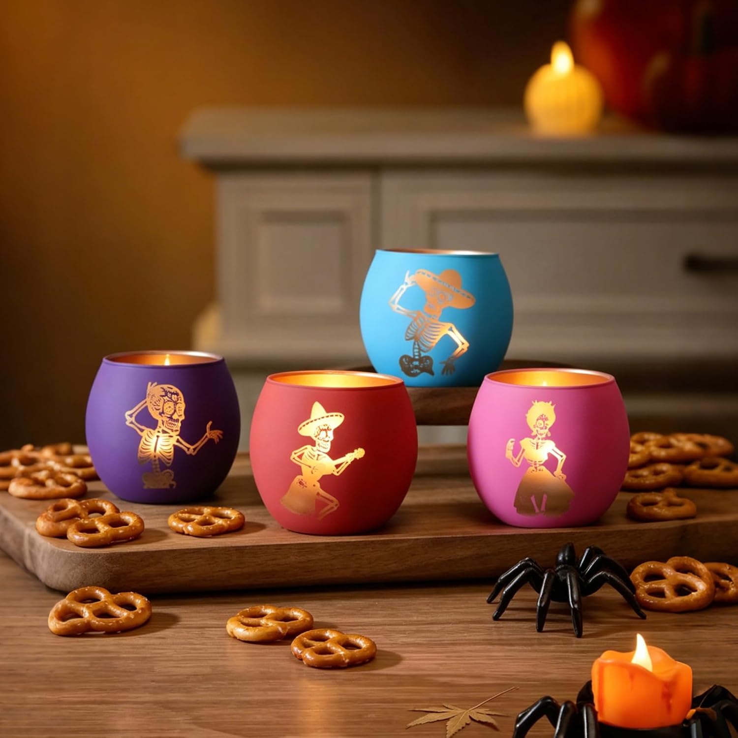 Day of the Dead Colorful Votive Candle Holders,Skull Glass Votive Holders 4-Pack