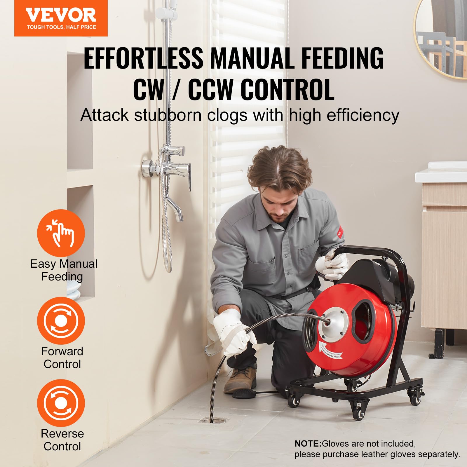 VEVOR Manual50FT 1/2IN 1700rpmCerrado Desbloqueador de Tuberías