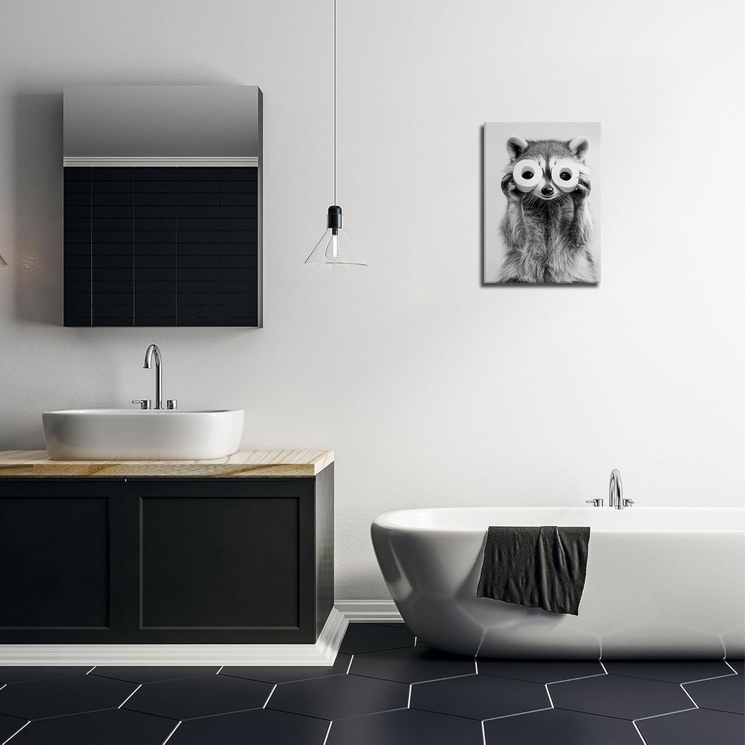 Adorable Raccoon Bathroom Canvas Wall Art Toilet Paper Raccoon Wall Decor Pictures Funny Black and White Bathroom Animal Posters Prints for Restroom Bathroom Home Decoration 16x24in - Image 4
