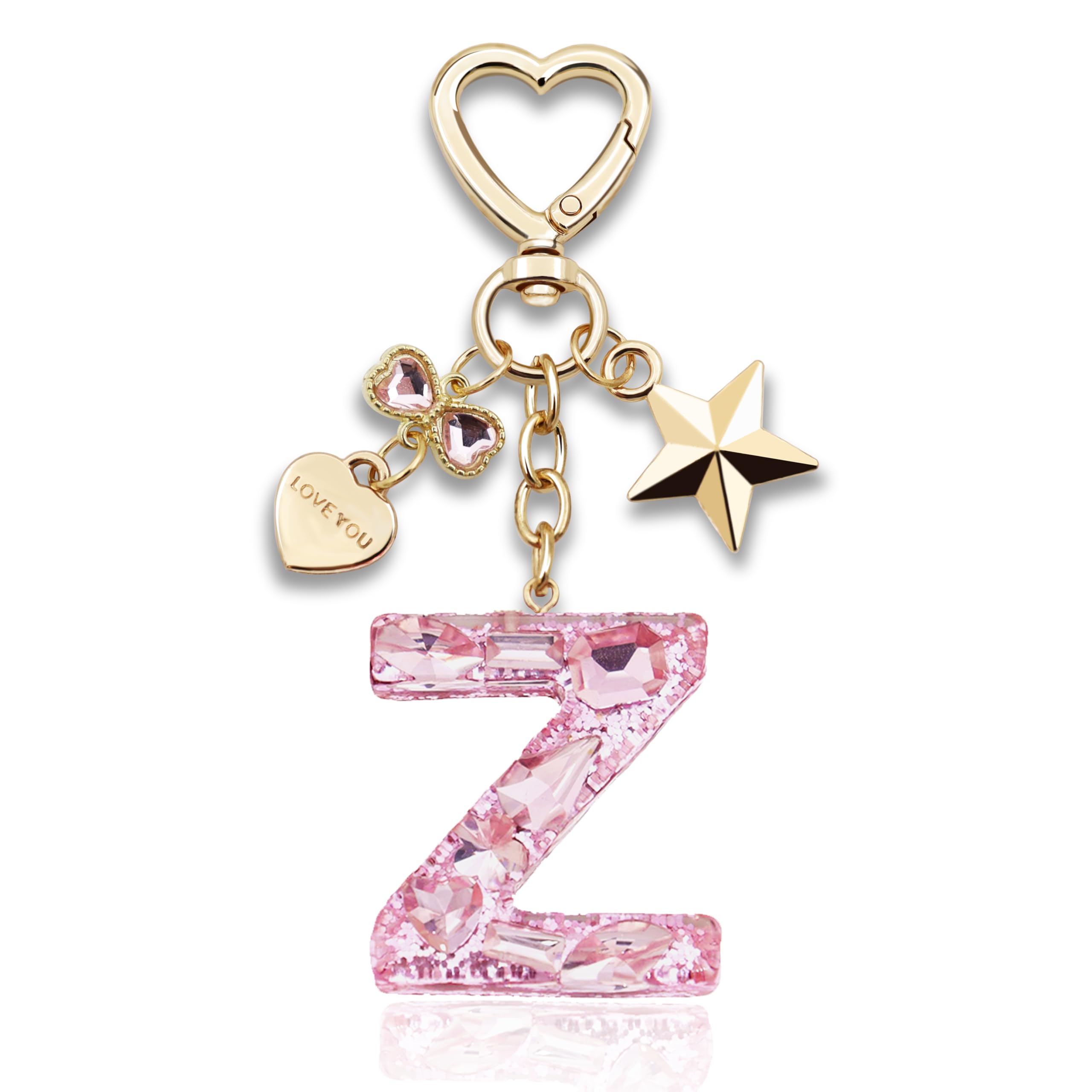 Glitter Initial Letter Keychain Gift for Women Cute Pink Resin Keychains for Bag