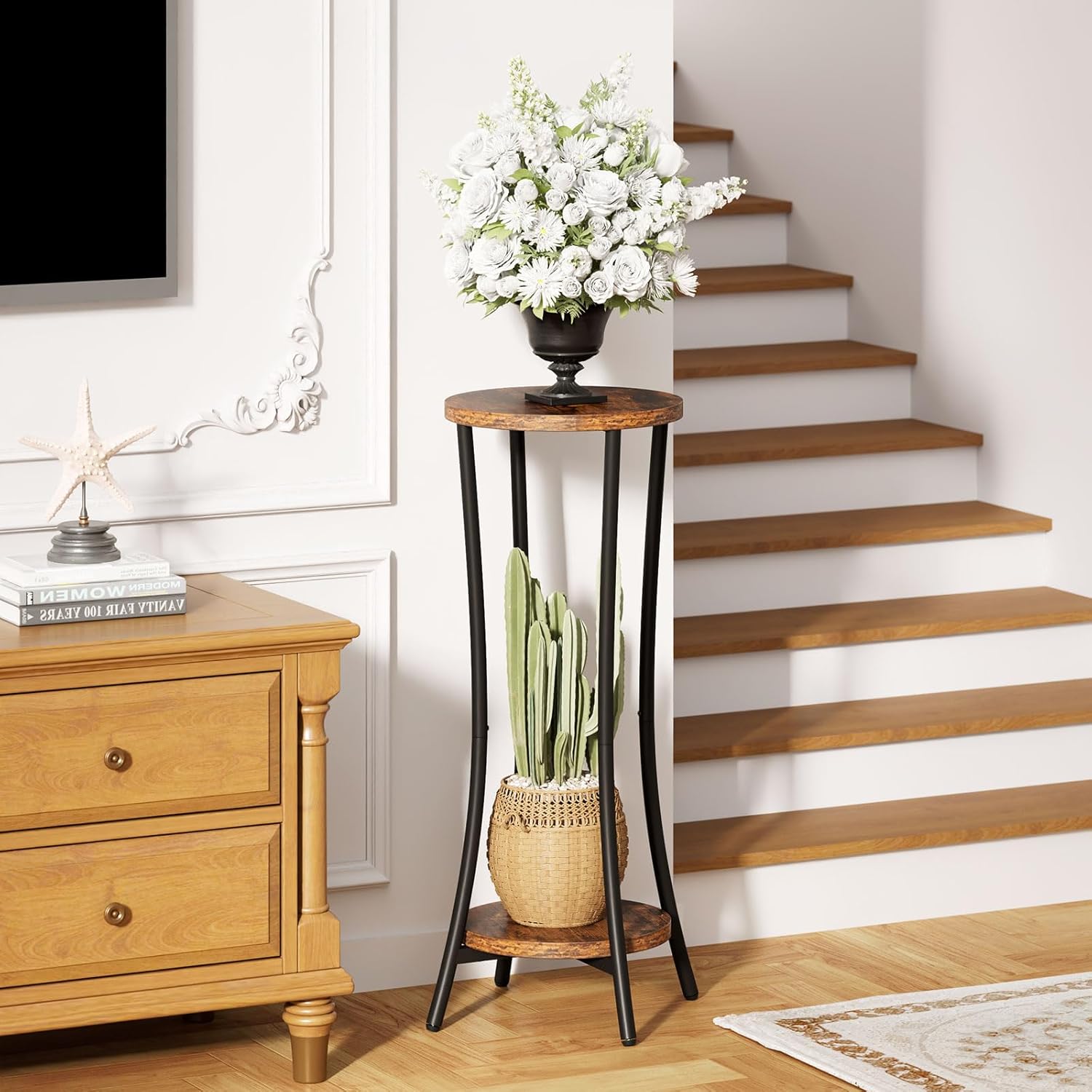 IBUYKE 30 Inch Tall Plant Stand Indoor, 2 Tier Wood Corner Plant Stand, Modern Round Plant Shelf Flower Stand for Living Room Patio Balcony Garden, Rustic Brown TMJ074H