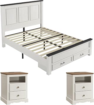 AMERLIFE Farmhouse Bedroom Furniture Set, Includes 2 Nightstands with Charging Station and 1 Queen Size Wood Platform Bed Frame with Headboard, Storage Drawers, No Box Spring Needed, Rustic White