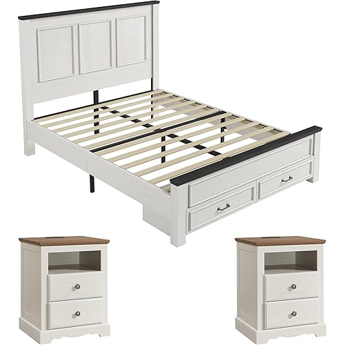AMERLIFE Farmhouse Bedroom Furniture Set, Includes 2 Nightstands with Charging Station and 1 Queen Size Wood Platform Bed Frame with Headboard, Storage Drawers, No Box Spring Needed, Rustic White