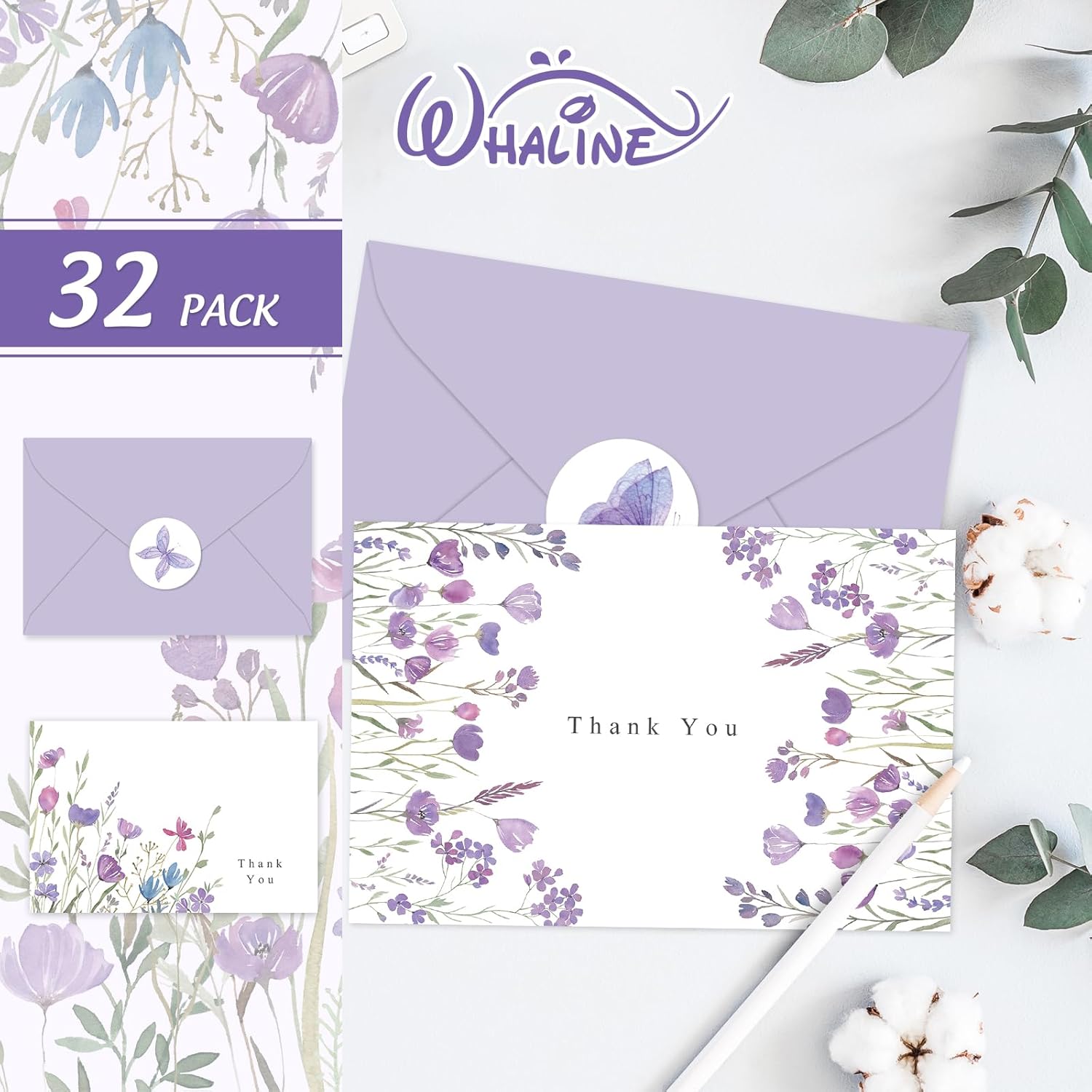 Whaline 32 Pack Purple Floral Thank You Cards Wildflower Greeting Cards with Envelopes Stickers Blank Note Cards for Wedding Bridal Baby Shower Birthday, 4 x 6 Inch - Image 3