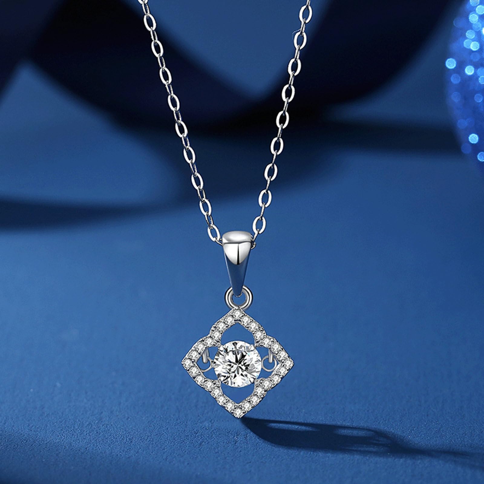 Collana in Oro Bianco 9/14/18Kt, Cavo Rombi con Bianco Moissanite Ciondolo Donna Oro 375/585/750, 40+5cm