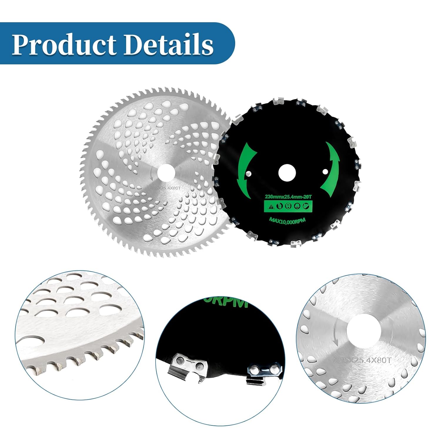 9” x 20T Chainsaw Tooth Brush Cutter Blades, 10" x 80 Teeth Carbide Weed Trimmer Eater Saw Blade with Universal Adapter Kits, 4 Washers for Brush Cutters, String Trimmers, and Weed Wreckers 2P