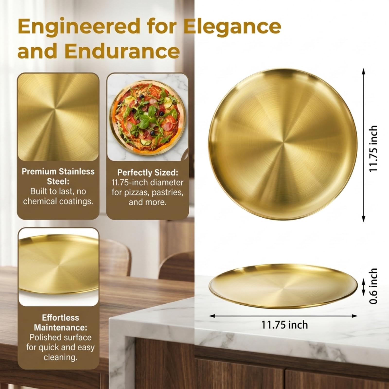 TOPZEA Paquete de 4 sartenes de acero inoxidable para pizza, bandeja de pizza de 12 pulgadas, bandeja redonda para pizza, bandeja para hornear alimentos, para pizza, pastel, galletas, postres, horno y
