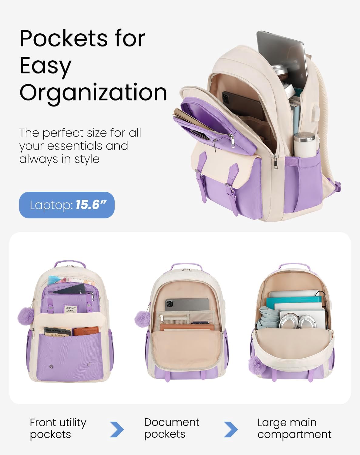 Girls Backpack, Aesthetic School Bookbag Large for Teens Middle High School Travel Cute Laptop Backpack for Women College Students Mochila Mujer, Purple