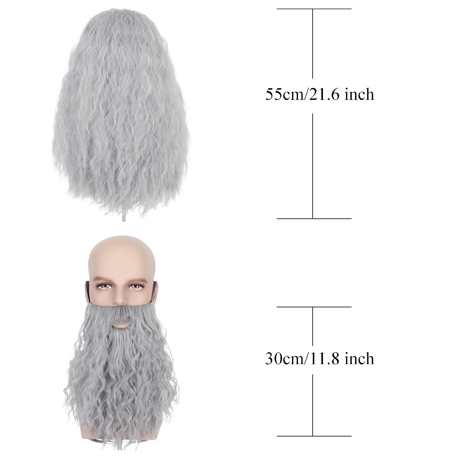Yan Dream Grey Men Long Curly Hair Wig with Beard, Heat Resistant Synthetic, Classic Style, Adult Men's Cosplay Wig