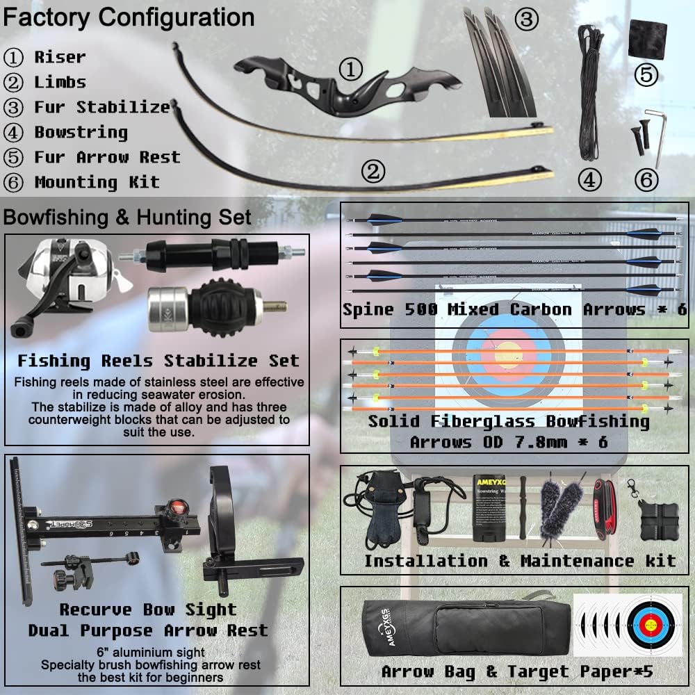 Bowfishing Kit - Recurve Bow and Arrows with Bowfishing Arrows Set, Metal Riser 60" Archery Longbow for Beginner Hunting Bow Fishing Shooting Practice Kits