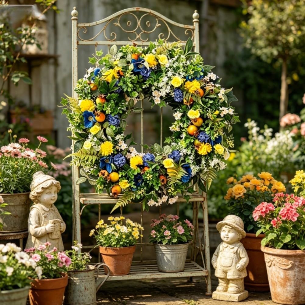 KiraKira Couronne de printemps verte et bleue de 45 cm, guirlande de fleurs artificielles en soie pour porte, mur, intérieur, extérieur, décoration saisonnière