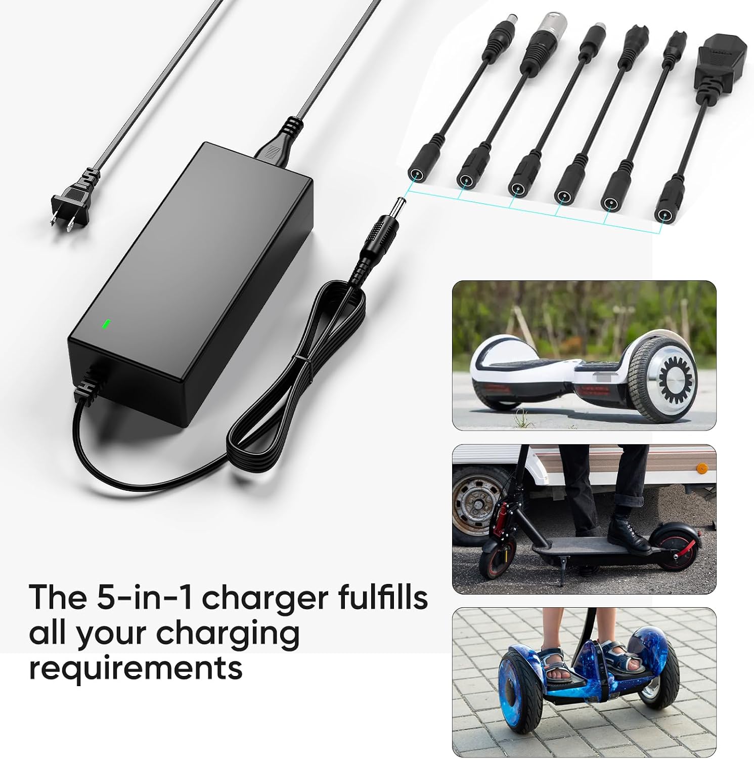 42V 2A Battery Charger 5 in 1 Plugs Power Supply Adapter for 36V Lithium Battery, DC Plug with 8mm 3 Prong /12mm 3 Prong /8mm RCA/3-Pin Male XLR Connector, Power Adaptor Supply Cord