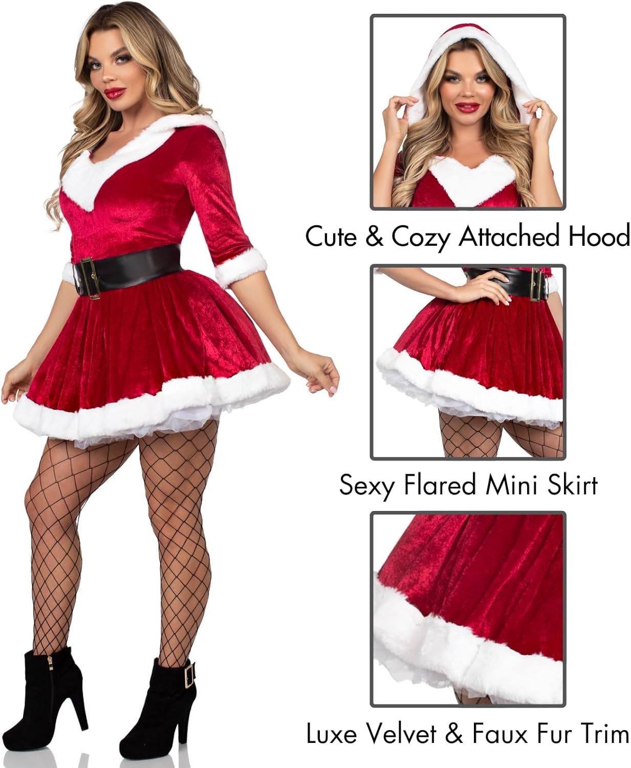 Leg Avenue Women's 2 Pc Mrs Claus Santa Christmas Costume with Hooded Dress, Belt - Image 4
