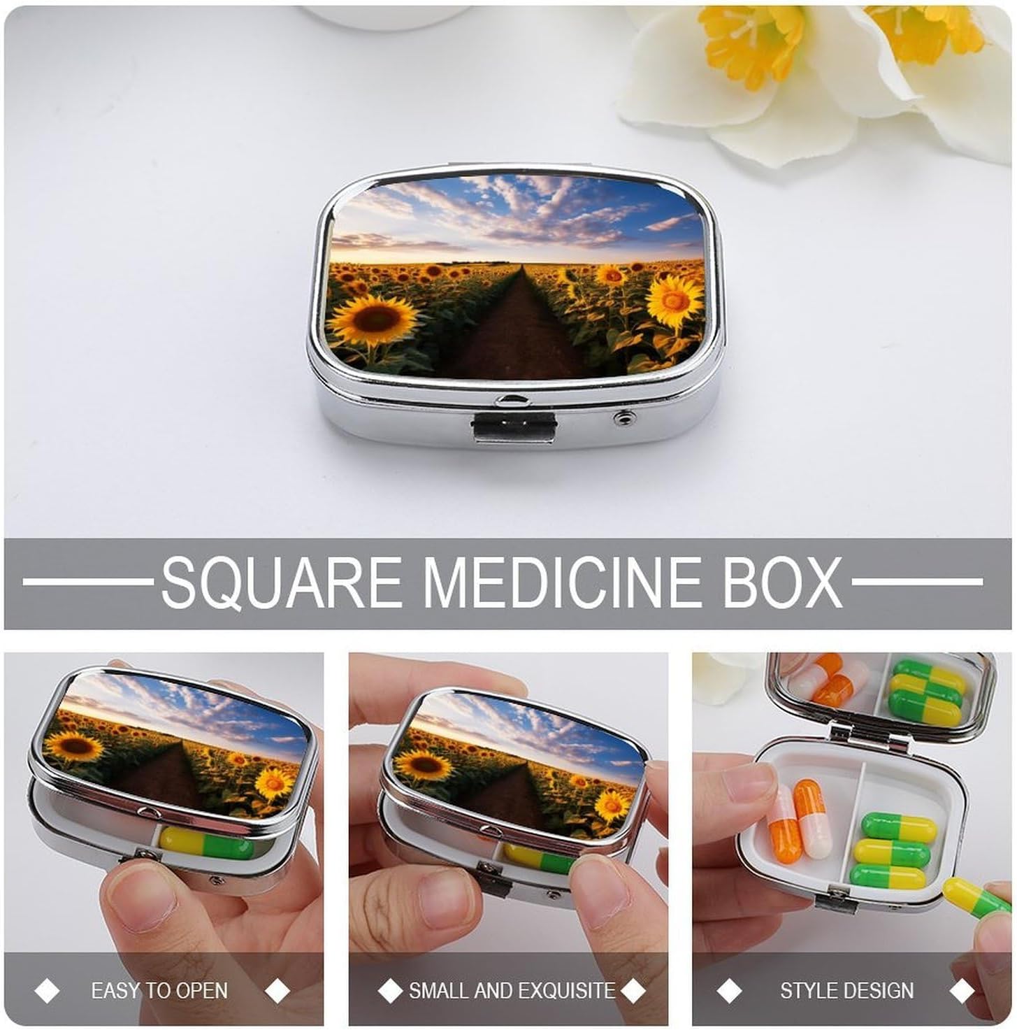 Pill Box 2 Compartment Metal Medicine Pill Organizer Field of Blooming Sunflowers Pill Case for Purse Or Pocket Cute Mini Portable Pill Holder Travel Pill Container to Hold Supplements image 4