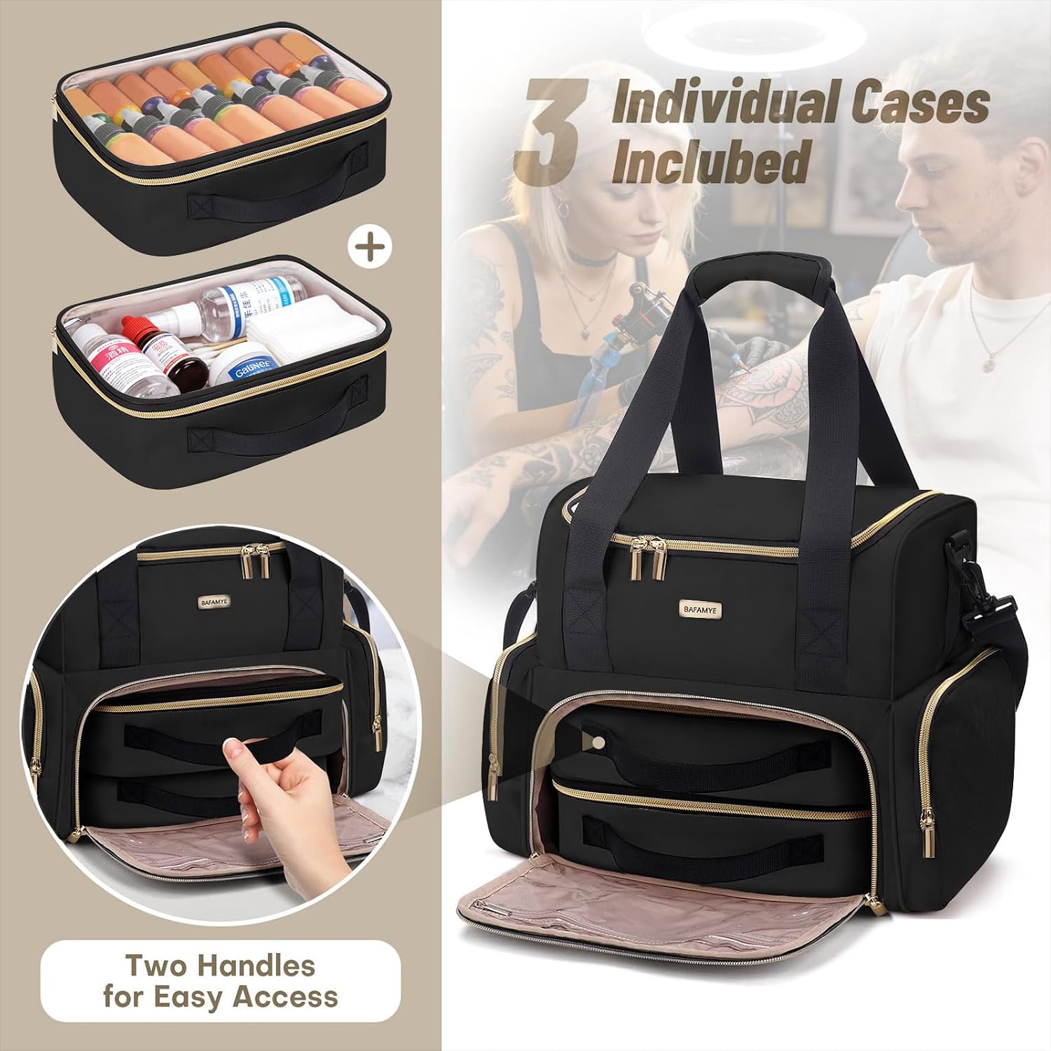 BAFAMYE Large Tattoo Travel Case with 3 Removable Pouches,Tattoo Travel Organizer for Large Tattoo Stencil Printer and Tattoo Supplies,with Shoulder Strap