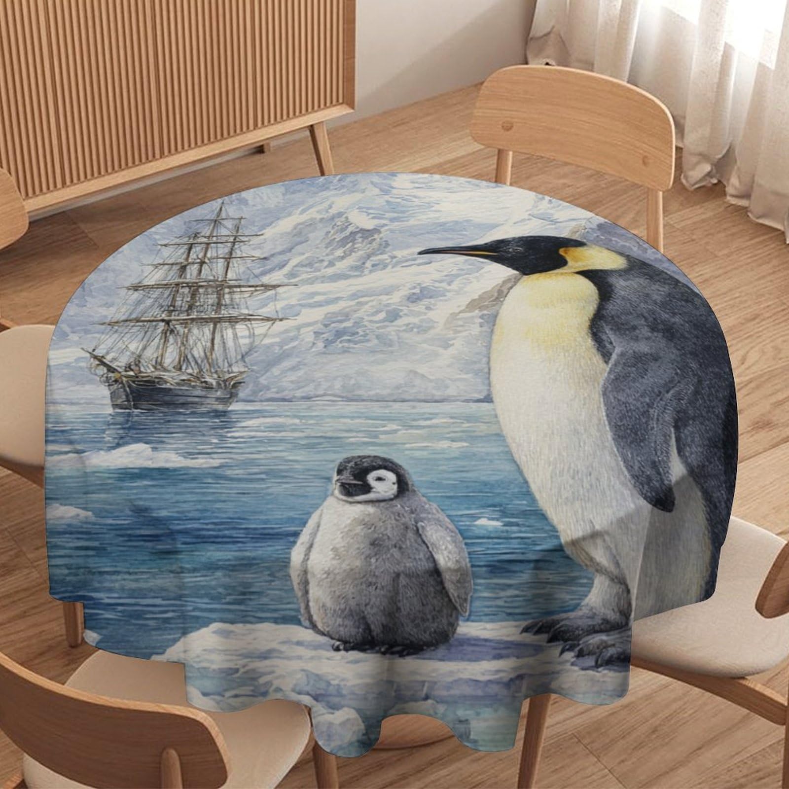LUYYSKY Vintage Abstract Cute Penguin Round Tablecloth Retro Watercolor Antarctic Pirate Ship Animal Penguin Washable Decor for Table Cover for Kitchen-152.4" Wx152.4 L cm