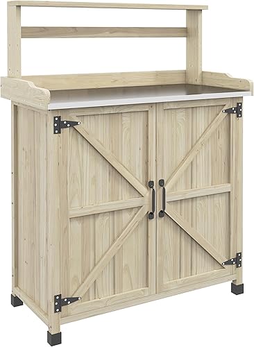 Outsunny Banco para macetas, mesa de madera para macetas al aire libre con armario de almacenamiento, estante de almacenamiento, banco de trabajo de