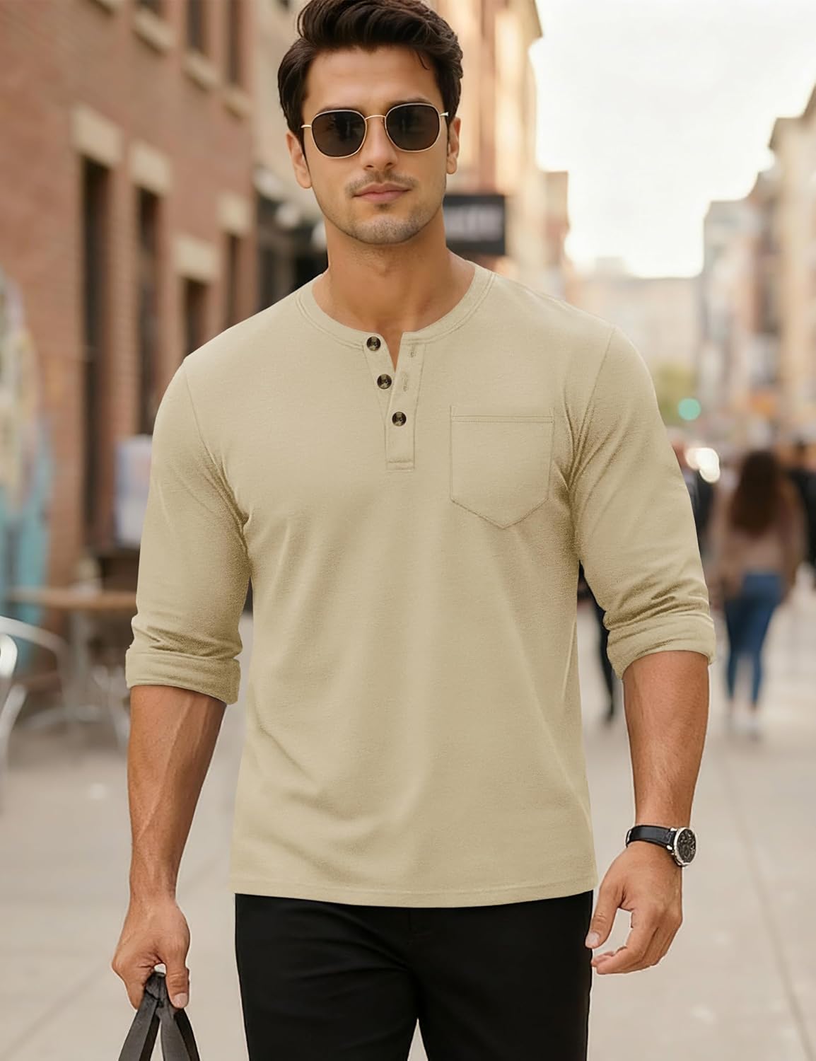 MAGNIVIT Mens Henley Shirts Long Sleeve with Pocket Fall Cotton Casual T-Shirts Plain Moisture Wicking Tee with 3 Button - Image 4
