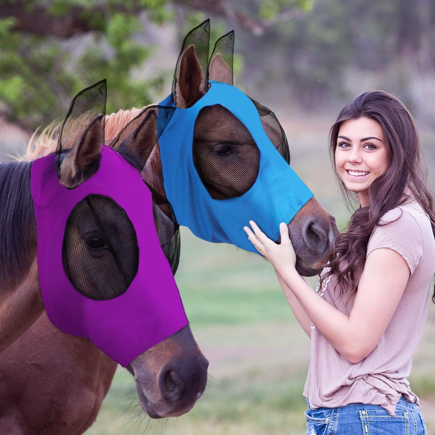 2 Pieces Horse Fly Mask Horse Mask with Ears Smooth and Elasticity Fly Mask with UV Protection (Purple+Blue, One size)