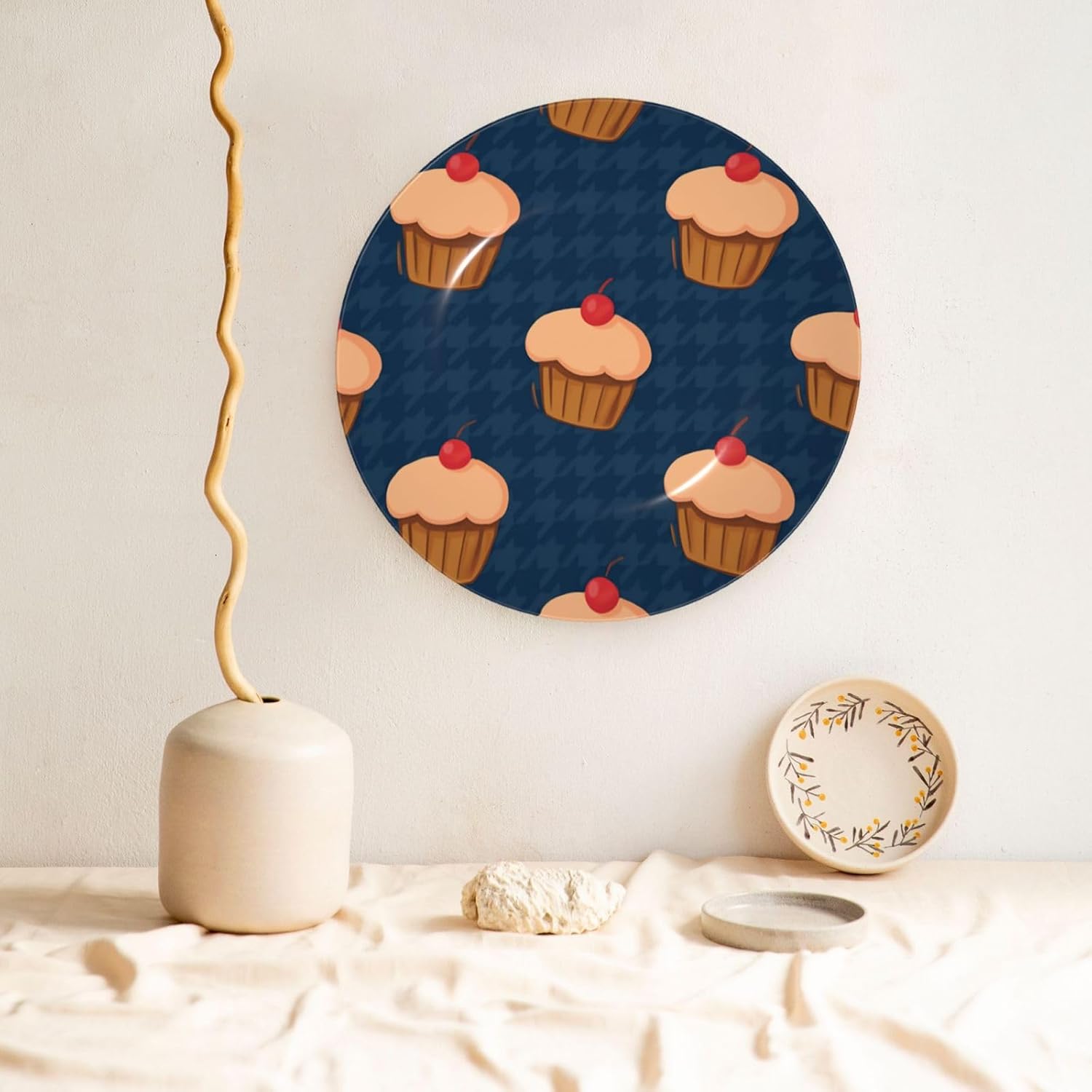 Cherry Cupcake Pattern 10 Inch Decorative Plate With Stand, Elegant Display Wall Plate For Home Decor