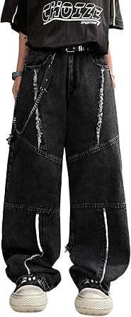 DFGIGT Mens Baggy Jeans Patchwork Y2k Hip Hop Wide Leg Denim Pants Casual Loose Fit Trousers Streetwear