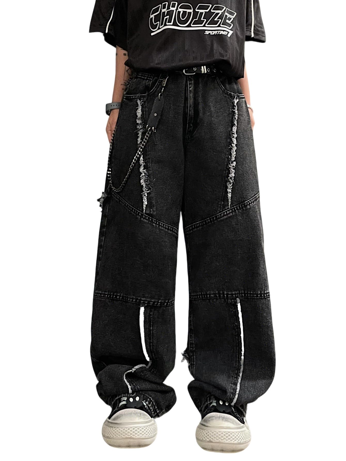Baggy Jeans da uomo vintage look usato Y2K jeans con orlo francese, vestibilità larga, hip hop streetwear