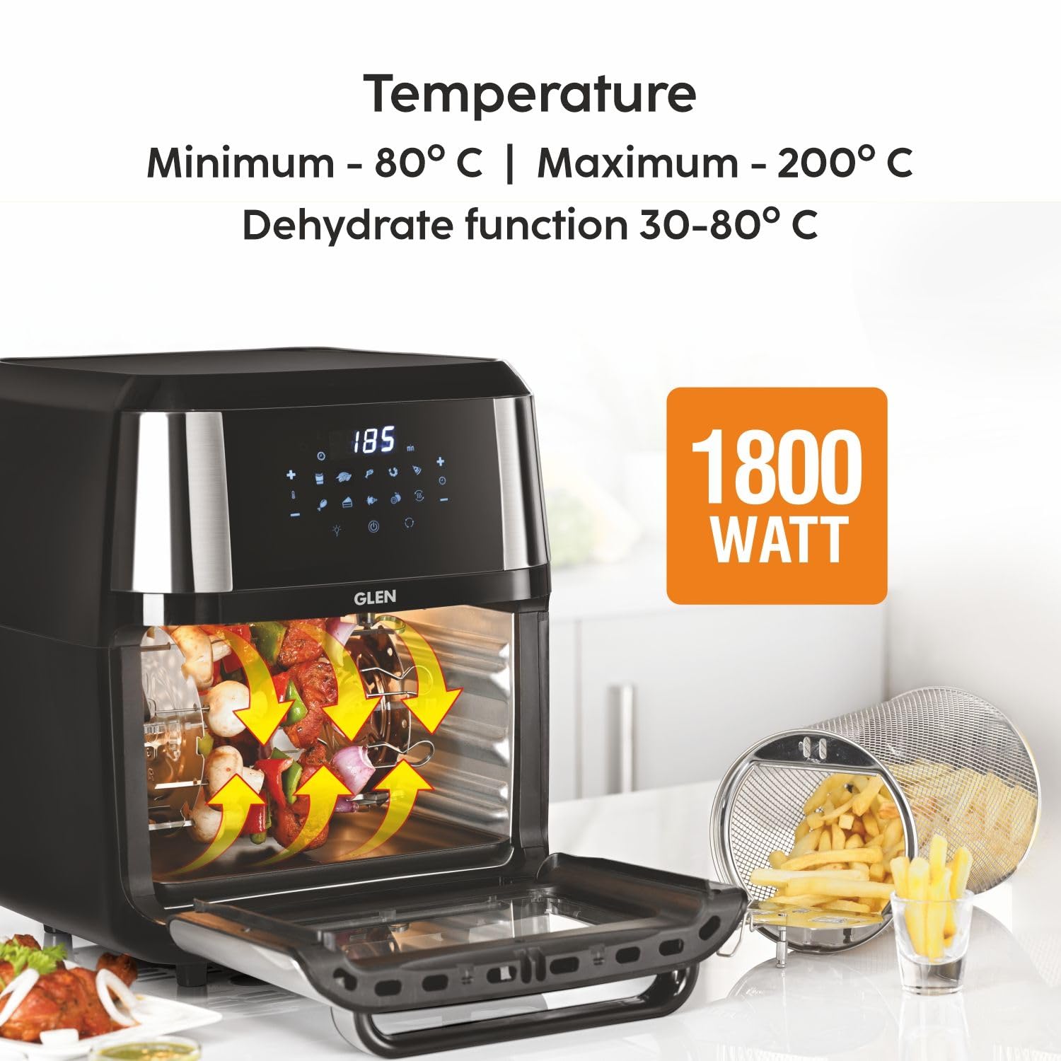 Glen 12L Air Fryer Oven 1800W with Rotisserie | Large Capacity OTG Air Fryer Combo |10 Presets, Digital Touch Display | Bake, Grill, Roast &Toast|PTFE, PFAS, PFOA & Microplastics free |2Y Warranty 3