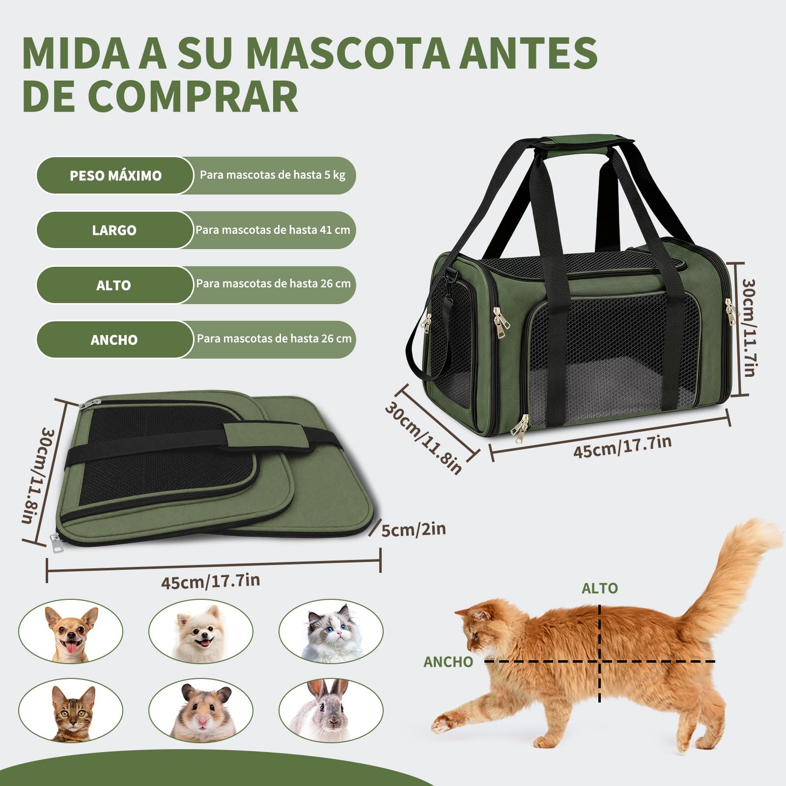 Transportin para Gatos, Transportin para Perros Bolsa, Bolsa Transpirable para Mascotas, Correa Ajustable, Colchon Suave, Soporta 8 kg, para Gatos y Cachorros (Verde, L 43 x A 28 x H 28 cm)