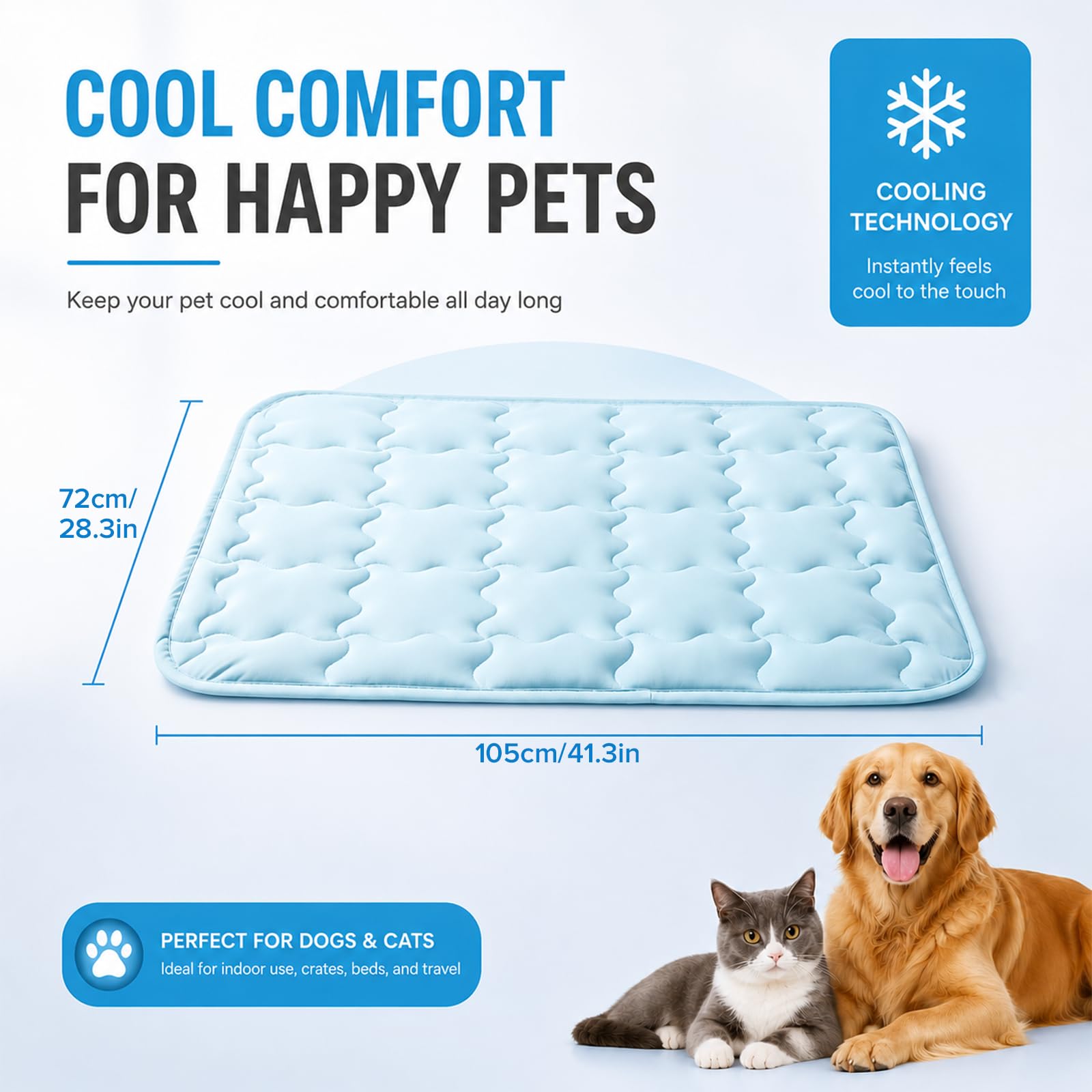 Kühlmatte Kühldecke für Hund Katze 104 * 71cm Selbstkühlend | Sommer Waschbar Hundematte für Groß Mittel Klein Haustiere Hellblau für Zuhause, Outdoor, im Auto Himmelblau
