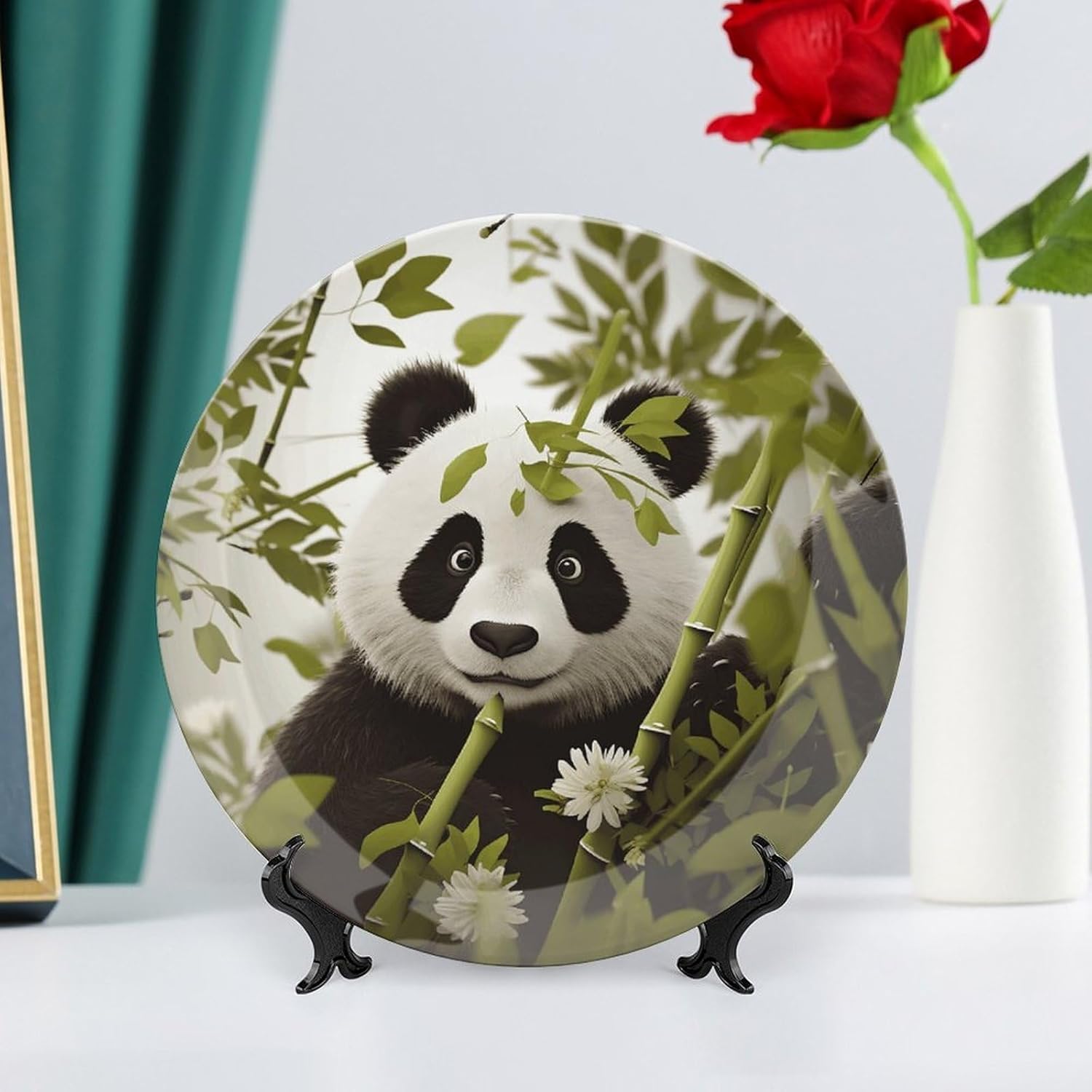 Panda Ceramic Plate 10inch Decorative Bone China Wall Hanging Ornament Plates Bohemian Style Dinner Plate with Display Stand Cabinet Display Plates for Home Art Decor