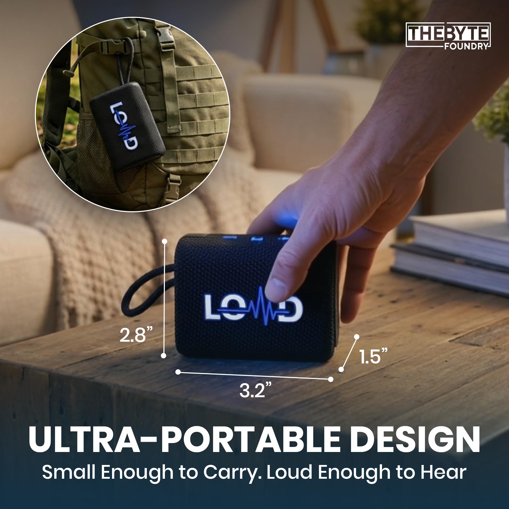 Altavoz Bluetooth impermeable - Altavoz inalámbrico portátil con batería de 800 mAh, 5 horas de reproducción, IP67, audio portátil para viajes al aire libre, bucle integrado y gancho de metal, a