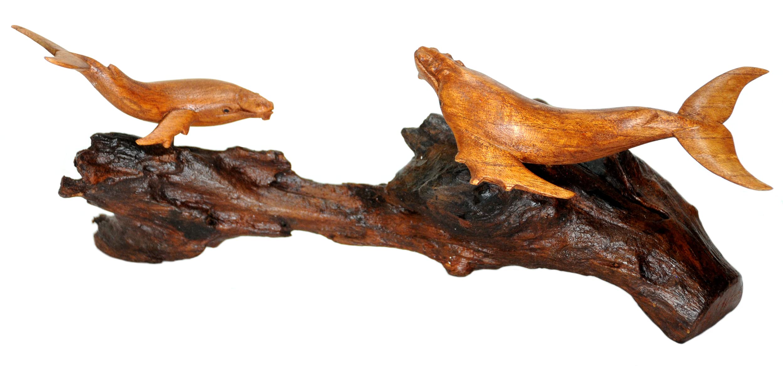 Alii of Hawaii Two Hand Carved Wood Humpback Whales on a Driftwood Base
