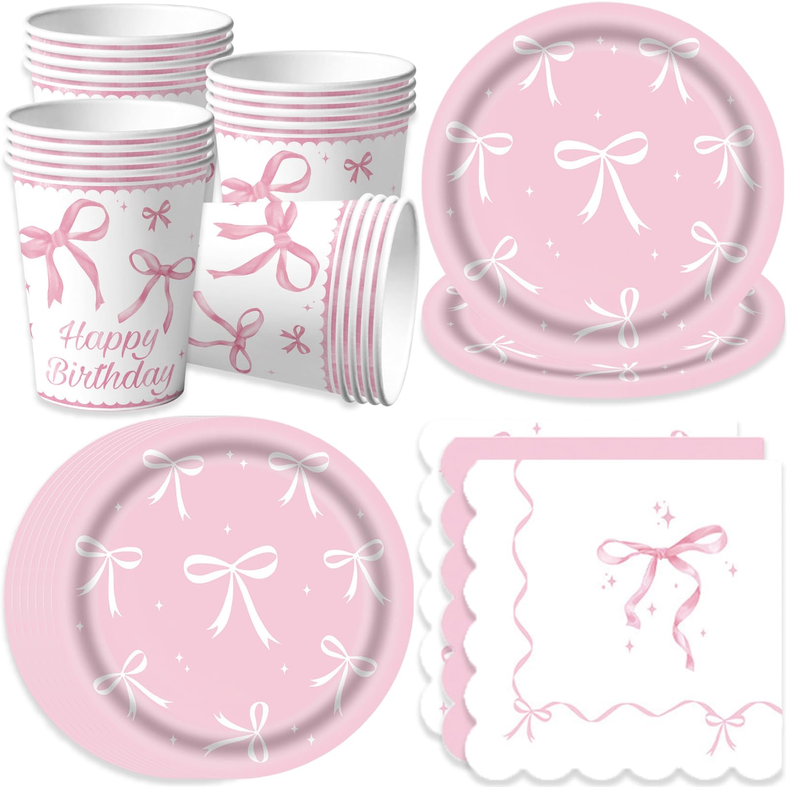 Bikasun Ensemble de vaisselle de fête en forme de nœud rose, assiettes d'anniversaire, gobelets de princesse, assiettes en carton pour fille, femme, anniversaire d'enfant 16 invités