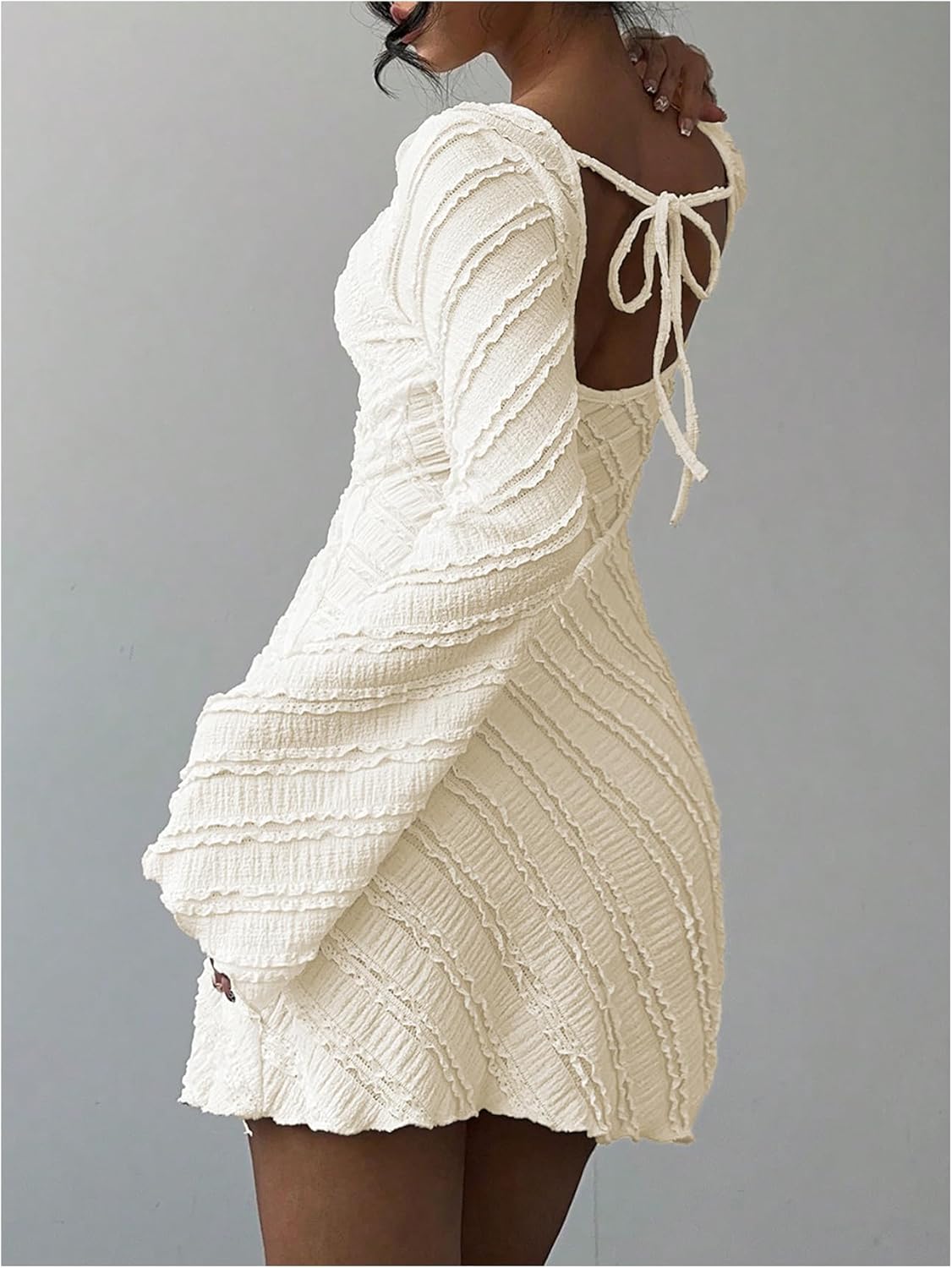 Milumia Women's Textured Backless Long Bell Sleeve Mini Dress Boat Neck Lettuce Trim Short Dresse Going Out - Image 3