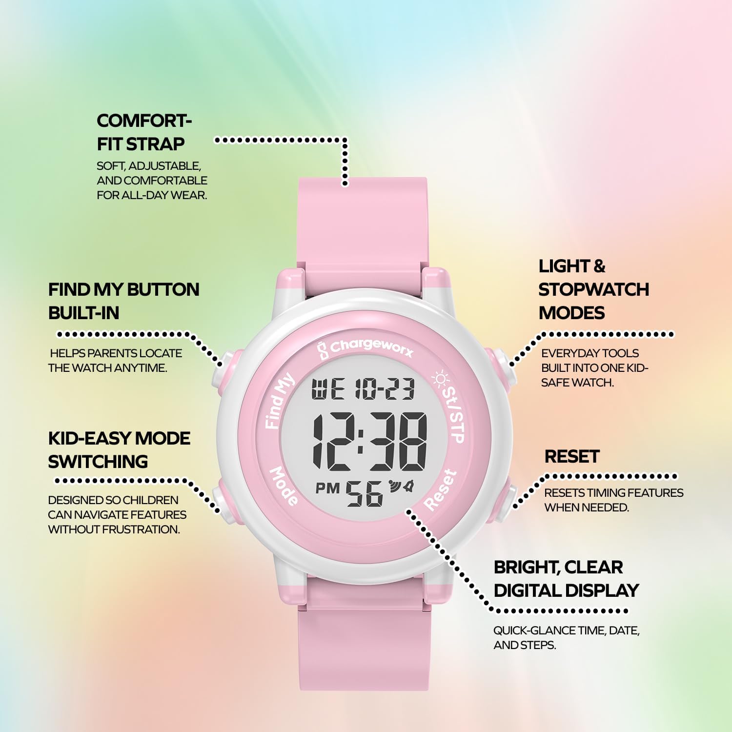 Chargeworx Kids Digital Watch with Apple Find My Tracker | Smart Watch Alternative for Boys & Girls | Water-Resistant Sports Watch with Alarm, Stopwatch & Soft Silicone Band | great Gift for Kids & Toddlers