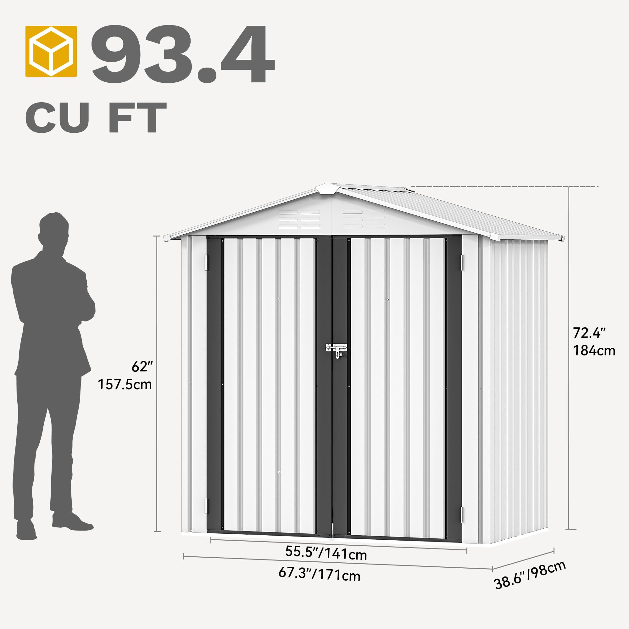 YITAHOME Metall Geräteschuppen Gerätehaus Gartenhaus Gartenhütte,Weiß | 171x87x184cm|6x4 klein|Rasenmäher Gartenschuppen|Satteldach|Abschließbar|4 Lüftungsöffnungen|Gartenhaus mit Tür|Wetterfest