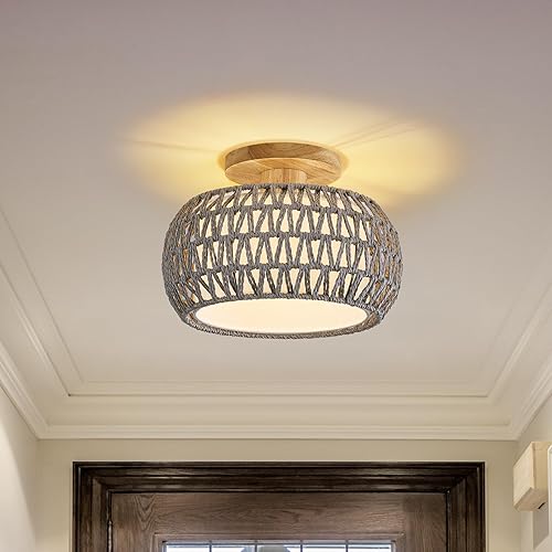 Miniatura 9 de Lámpara de Techo de Ratán, 3 Opciones de Estilo Luces de Techo Boho de Montaje al Ras, Candelabro de Ratán Tejido a Mano, Mini Lámparas de Mimbre