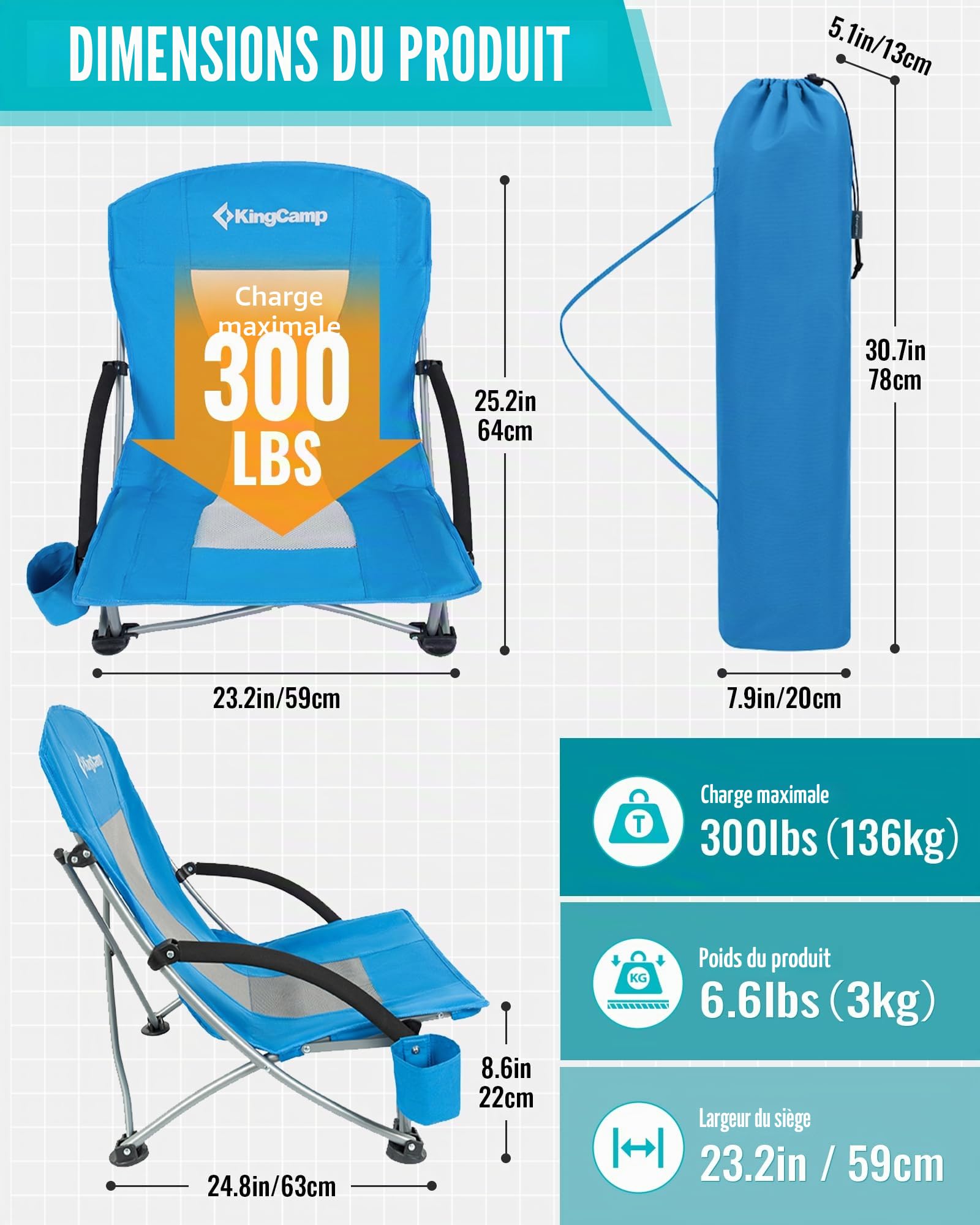 KingCamp Chaise de Plage Basse Pliante Capacité 180kg Stabilité à Double Support Vertical, Siège Extra Large et Dossier en Tissu Respirant, Siège Portable pour Camping, Pique-Nique, Festival Bleu