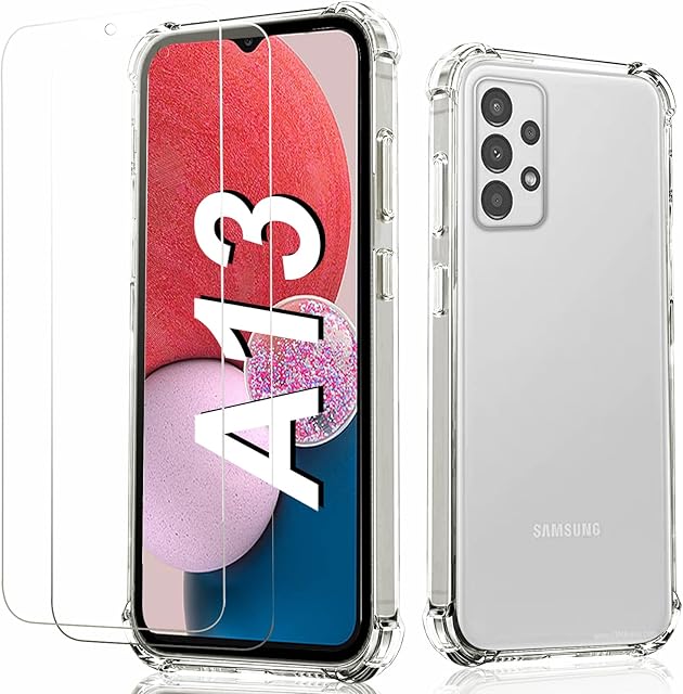 For Samsung A13 Clear Case,Galaxy A13 Phone Case and Screen Protector Tempered Glass 2Pack,Soft TPU Protective Cover Shockproof,[Thin Slim Fit],Rreinforced Corner-Pure Clear-6.6 inch 2022