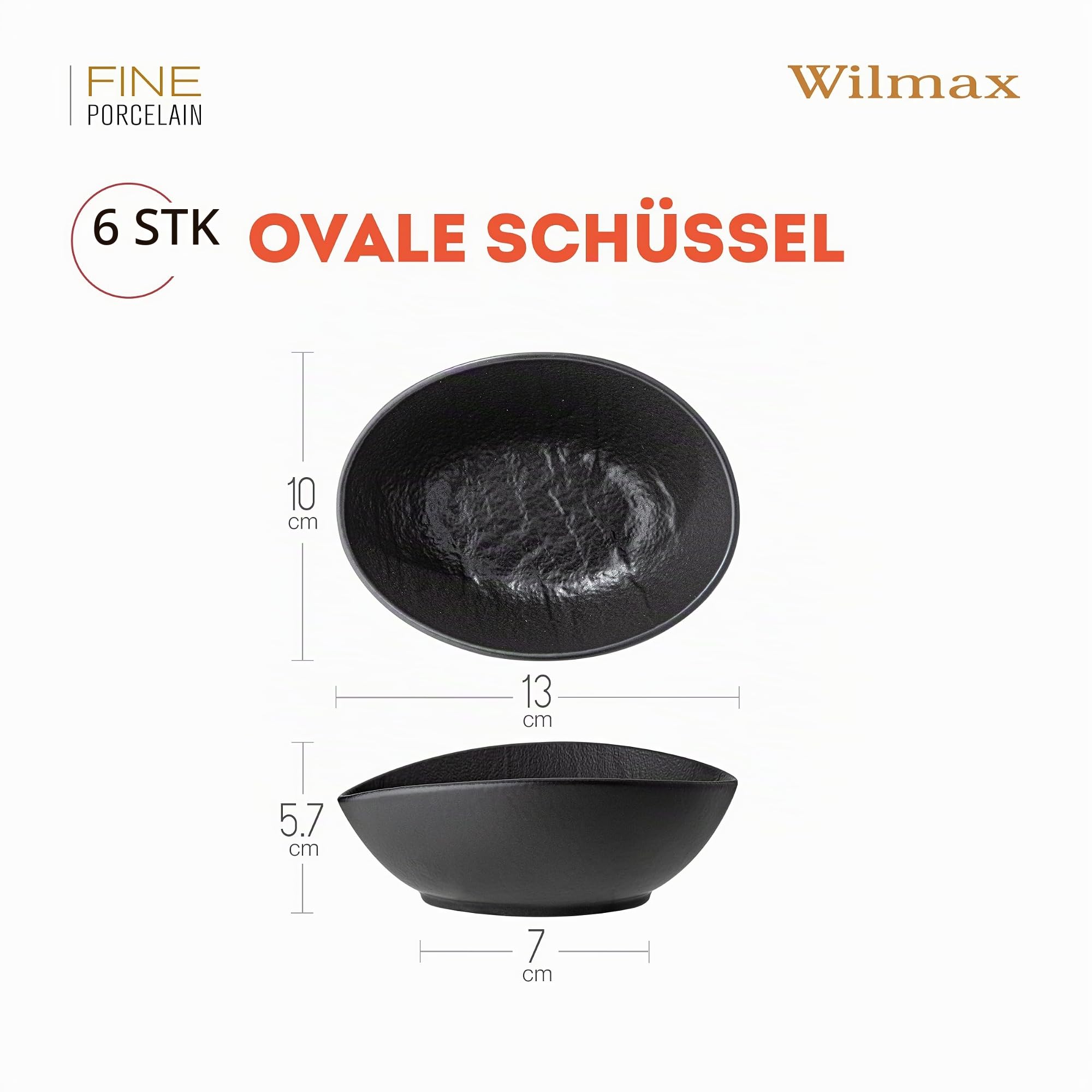 Wilmax | Schale - 6 Stück | Porzellan | Schwarz | Für eine Vielzahl von Gerichten | Backofengeeignet | Spülmaschinenfest | Natursteinimitat | Widerstandsfähig | Handglasiert | Ideal als Set