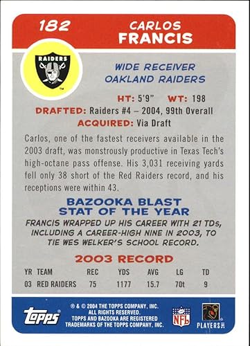 Miniatura 2 de 2004 Topps Bazooka #182 Carlos Francis RC NFL Football Trading Card