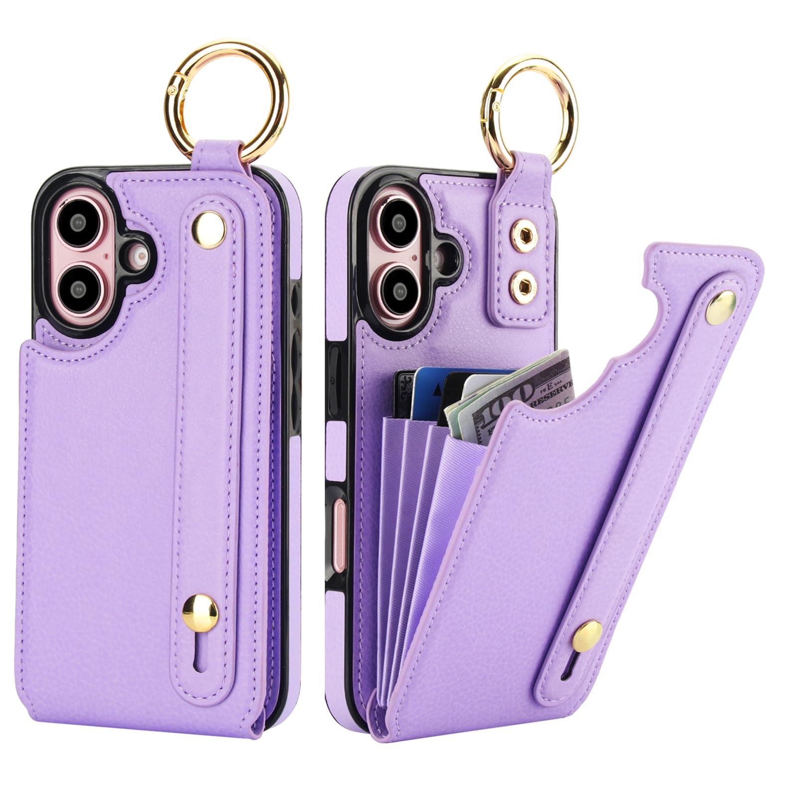 Folosu for iPhone 16 Wallet Case with Card Holder, Hand Wrist Strap Loop Holder Kickstand, RFID Blocking Finger Grip Ring PU Leather Double Buttons