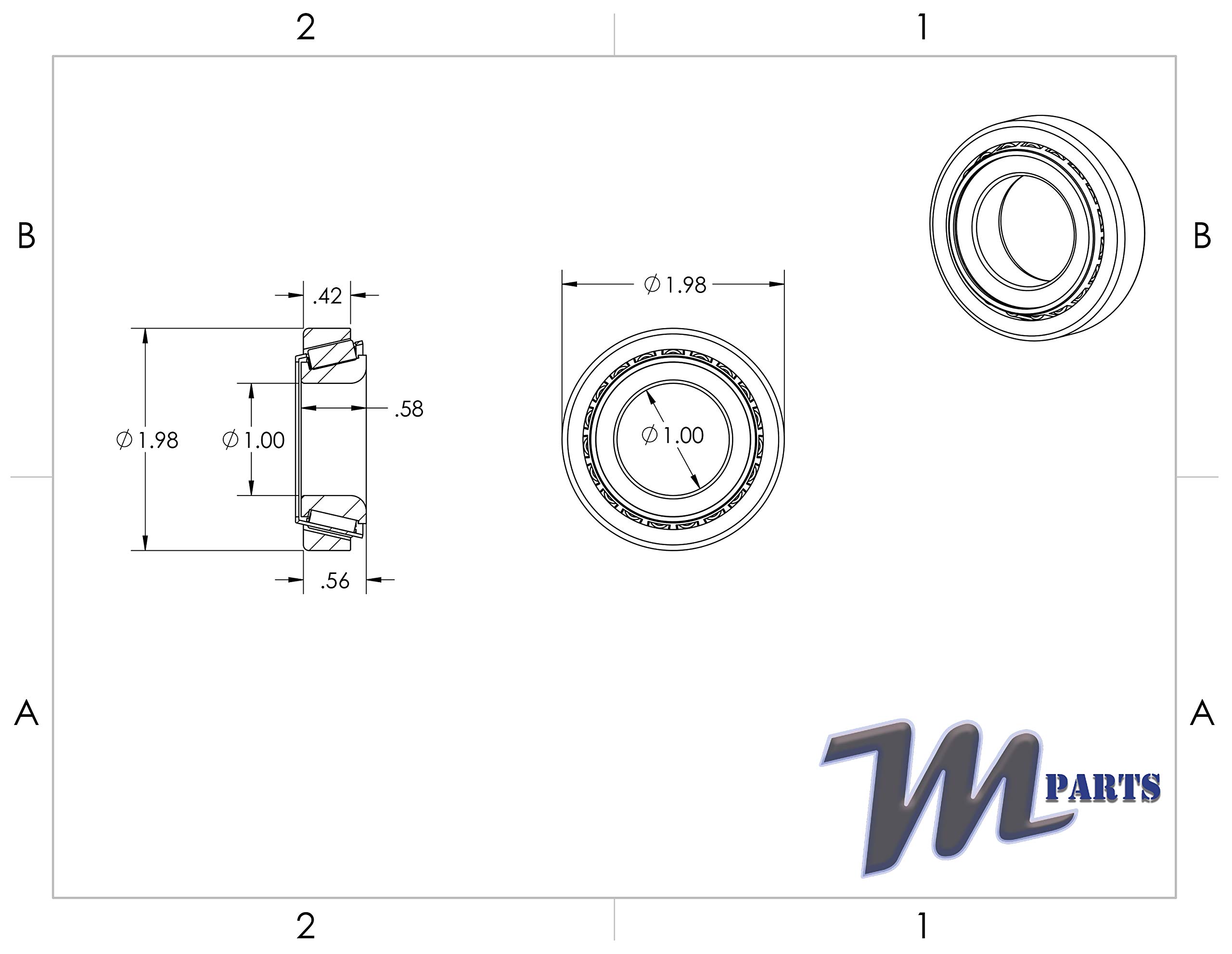 M-Parts L44649/L44610 Tapered Roller Bearing Cone and Cup Set 1.0625” I.D, 1.98” O.D, 0.58” Bearing Width