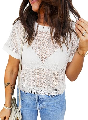 EVALESS Womens Spring Summer Tops 2026 Casual Lace Tops Crewneck Short Sleeve Shirts Sexy Patchwork Cut Out T Shirts Sheer Crochet Knit Beach Cover Up White Medium